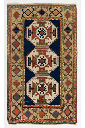 120x207 cm Eski Kafkas Kazak Halısı, Yün El Dokuma Halı, Zemin Kaplaması