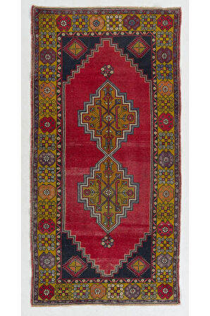 120x234 cm Eski Anadolu Köy Halısı. Geleneksel Yün Halı, El Dokuması Halı