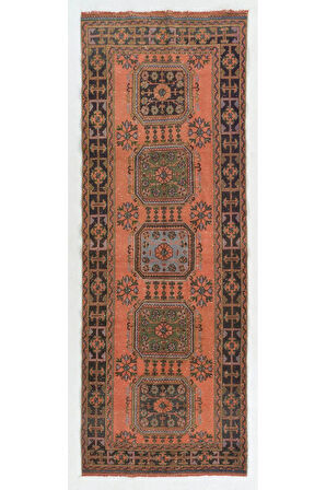 127x347 cm Otantik Eski Türk Köy Koşucusu. Koridor için El Düğümlü Yün Halı