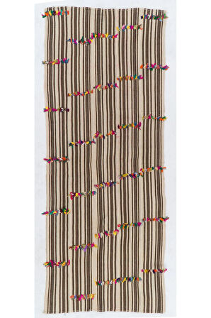 135x340 cm Düz Dokuma Eski Çizgi Desenli Kilim, Düz Dokuma Kilim, Çok Renkli Ponponlu Kilim