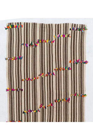 135x340 cm Düz Dokuma Eski Çizgi Desenli Kilim, Düz Dokuma Kilim, Çok Renkli Ponponlu Kilim
