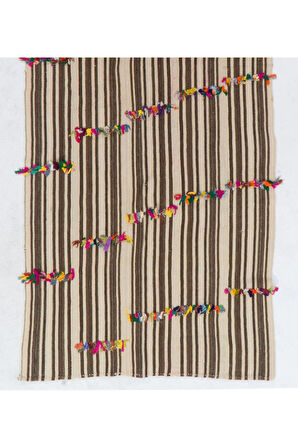 135x340 cm Düz Dokuma Eski Çizgi Desenli Kilim, Düz Dokuma Kilim, Çok Renkli Ponponlu Kilim