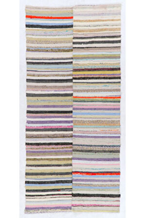 140x304 cm Çizgili Tasarımlı El Dokuma Eski Kilim (Düz Dokuma), %100 Pamuk Halı