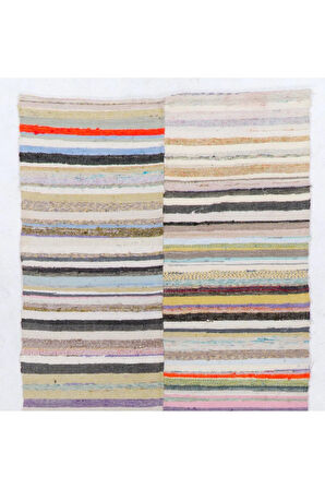 140x304 cm Çizgili Tasarımlı El Dokuma Eski Kilim (Düz Dokuma), %100 Pamuk Halı