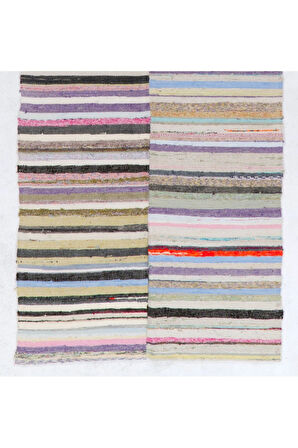 140x304 cm Çizgili Tasarımlı El Dokuma Eski Kilim (Düz Dokuma), %100 Pamuk Halı
