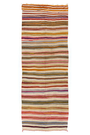 160x417 cm El Yapımı Eski Çizgili Türk Kilimi, Düz Dokuma Kilim. %100 Yün