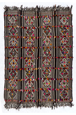 170x220 cm Çok Renkli Püsküllü El Dokuma Eski Geleneksel Kilim (Düz Dokuma)