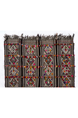 170x220 cm Çok Renkli Püsküllü El Dokuma Eski Geleneksel Kilim (Düz Dokuma)