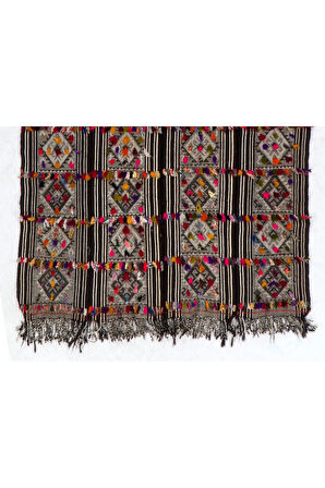 170x220 cm Çok Renkli Püsküllü El Dokuma Eski Geleneksel Kilim (Düz Dokuma)