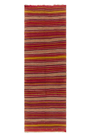 140x435 cm El Yapımı Renkli Çizgili Kilim Yolluk. Eski Kırmızı Koridor Halısı