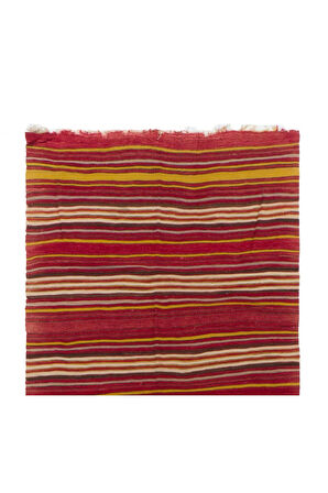 140x435 cm El Yapımı Renkli Çizgili Kilim Yolluk. Eski Kırmızı Koridor Halısı
