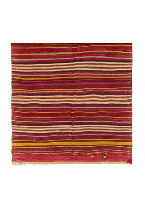 140x435 cm El Yapımı Renkli Çizgili Kilim Yolluk. Eski Kırmızı Koridor Halısı