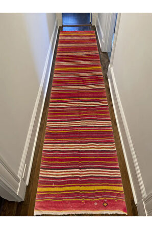 140x435 cm El Yapımı Renkli Çizgili Kilim Yolluk. Eski Kırmızı Koridor Halısı
