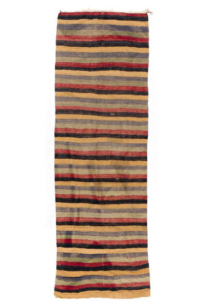 124x360 cm Sarı, Siyah, Kırmızı, Mavi ve Gri Eski Düz Dokuma Kilim Yolluk, Çizgili Halı