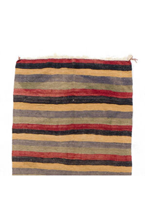 124x360 cm Sarı, Siyah, Kırmızı, Mavi ve Gri Eski Düz Dokuma Kilim Yolluk, Çizgili Halı