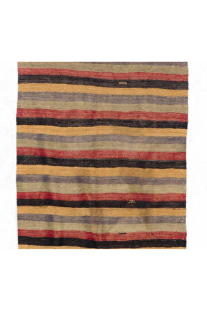 124x360 cm Sarı, Siyah, Kırmızı, Mavi ve Gri Eski Düz Dokuma Kilim Yolluk, Çizgili Halı