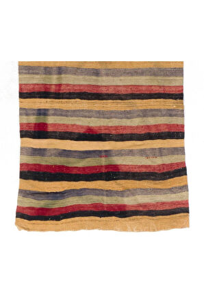 124x360 cm Sarı, Siyah, Kırmızı, Mavi ve Gri Eski Düz Dokuma Kilim Yolluk, Çizgili Halı