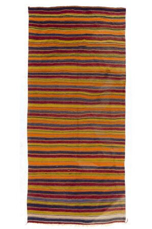 174x384 cm El Dokuma Eski Kilim, Düz Dokuma Çizgi Desenli Çok Renkli Kilim, %100 Yün