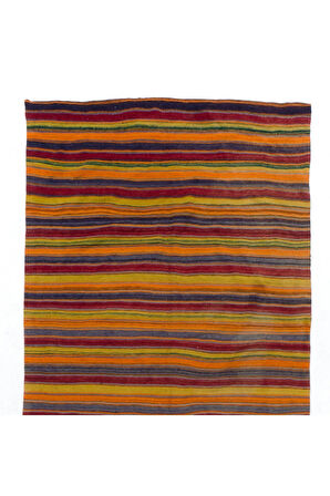174x384 cm El Dokuma Eski Kilim, Düz Dokuma Çizgi Desenli Çok Renkli Kilim, %100 Yün