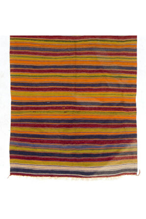 174x384 cm El Dokuma Eski Kilim, Düz Dokuma Çizgi Desenli Çok Renkli Kilim, %100 Yün