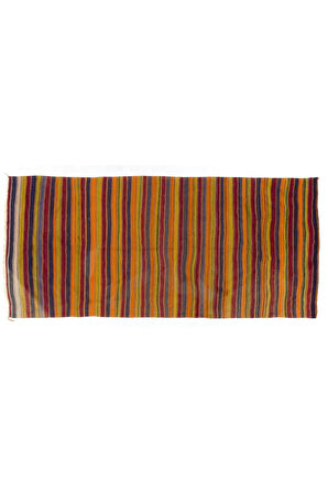 174x384 cm El Dokuma Eski Kilim, Düz Dokuma Çizgi Desenli Çok Renkli Kilim, %100 Yün