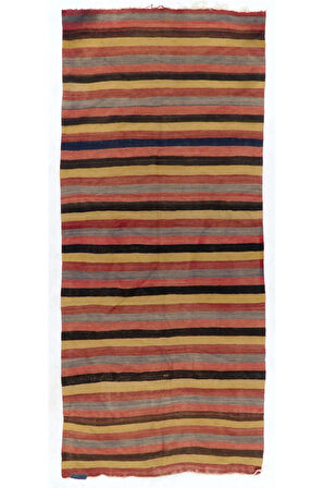153x337 cm El Dokuması Eski Çizgi Desenli Türk Kilimi, Düz Dokuma Kilim Halı. %100 Yün