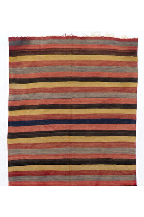 153x337 cm El Dokuması Eski Çizgi Desenli Türk Kilimi, Düz Dokuma Kilim Halı. %100 Yün