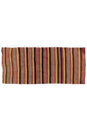 153x337 cm El Dokuması Eski Çizgi Desenli Türk Kilimi, Düz Dokuma Kilim Halı. %100 Yün