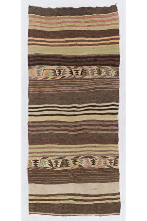 129x285 cm Eski Çizgili El Dokuması Kilim Yolluk. %100 Yün. Çift Yönlü Halı