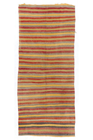 123x280 cm Sarı, Kırmızı ve Gri Çizgili Çizgili Eski El Dokuması Kilim Yolluk, %100 Yün Halı