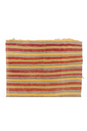 123x280 cm Sarı, Kırmızı ve Gri Çizgili Çizgili Eski El Dokuması Kilim Yolluk, %100 Yün Halı