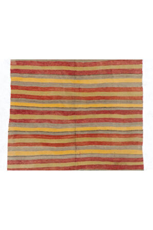 123x280 cm Sarı, Kırmızı ve Gri Çizgili Çizgili Eski El Dokuması Kilim Yolluk, %100 Yün Halı