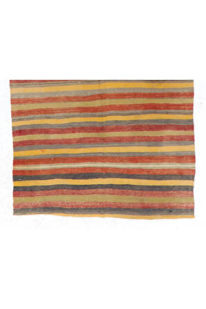 123x280 cm Sarı, Kırmızı ve Gri Çizgili Çizgili Eski El Dokuması Kilim Yolluk, %100 Yün Halı