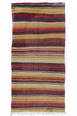 158x315 cm Çizgi Desenli El Dokuması Eski Yolluk Kilim, Düz Dokuma Koridor Kilimi