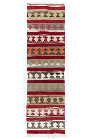 102x328 cm Geometrik Tasarımlı El Dokuma Eski Anadolu Yolluk Kilim Halı (Düz Dokuma)