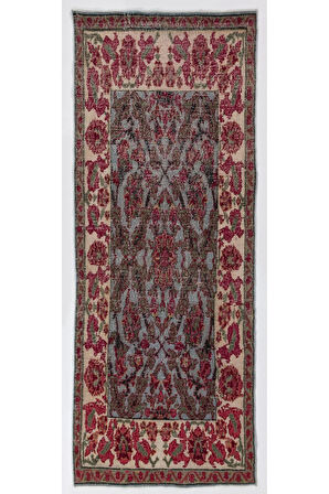 100x250 cm Gök Mavisi Zemin Üzerinde El Yapımı Çiçekli Batı Anadolu Koşucusu