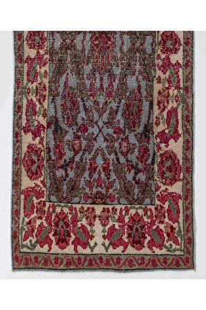 100x250 cm Gök Mavisi Zemin Üzerinde El Yapımı Çiçekli Batı Anadolu Koşucusu