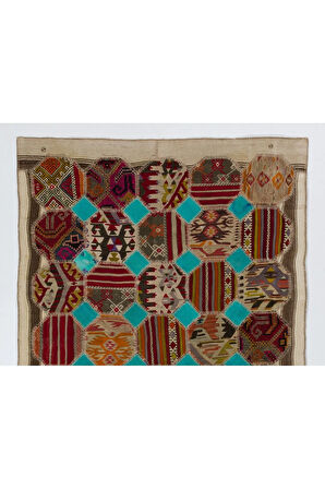 167x264 cm Eski El Yapımı Türk Patchwork Kilim. Düz Dokuma Kilim