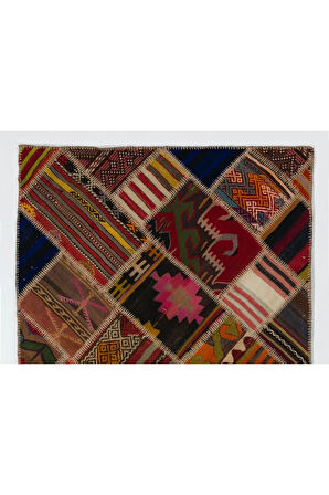 123x183 cm Eski El Yapımı Türk Patchwork Kilim, Düz Dokuma Halı, Diğer Opsiyonları Mevcut