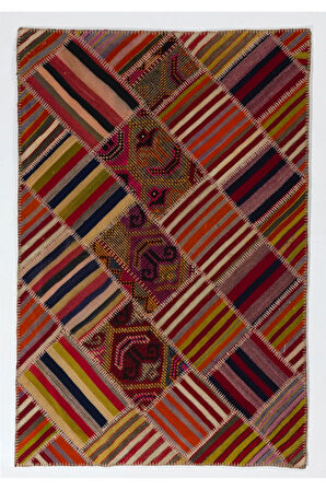 126x190 cm Çok İyi Durumda Eski El Yapımı Patchwork Kilim. Düz Dokuma Yünlü Halı
