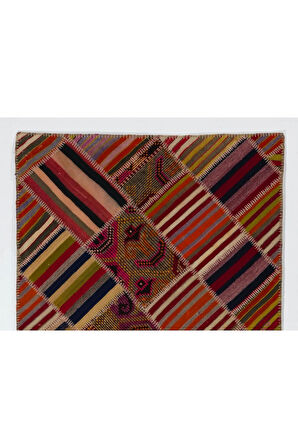 126x190 cm Çok İyi Durumda Eski El Yapımı Patchwork Kilim. Düz Dokuma Yünlü Halı