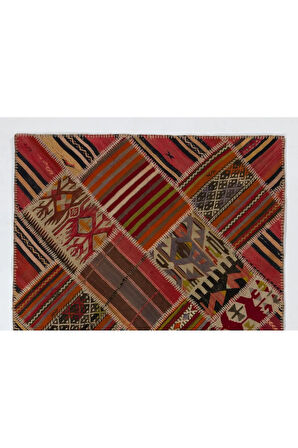 123x180 cm Eski El Yapımı Türk Patchwork Kilim, Düz Dokuma Halı