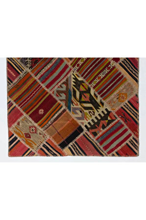 123x180 cm Eski El Yapımı Türk Patchwork Kilim, Düz Dokuma Halı