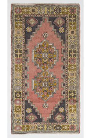 116x215 cm Yumuşak Renklerde Geometrik Tasarımlı Eski El Düğümlü Yün Türk Alan Halısı