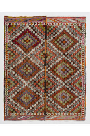 150x190 cm Eski El Dokuması Cicim Kilim, Elmas Desenli İşlemeli Cicim Halı, %100 Yün