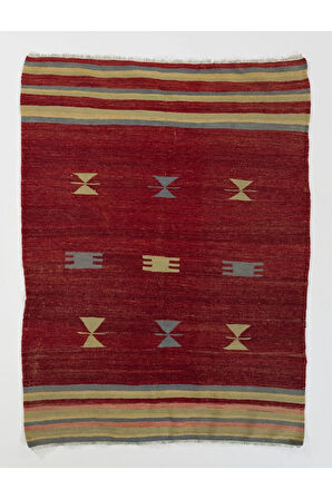 127x167 cm Kırmızı Tonlarda Eski El Dokuması Geleneksel Kilim, %100 Yün