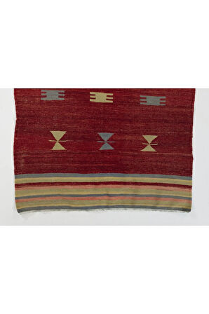 127x167 cm Kırmızı Tonlarda Eski El Dokuması Geleneksel Kilim, %100 Yün