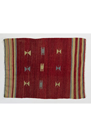 127x167 cm Kırmızı Tonlarda Eski El Dokuması Geleneksel Kilim, %100 Yün
