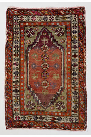 102x148 cm Eski El Yapımı Küçük Halı, Minik Halı, Dekoratif Yünlü Halı