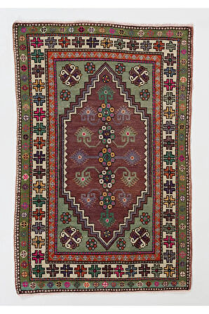 130x160 cm El Yapımı Eski Türk Köy Halısı, Eşsiz El Dokuma Halı